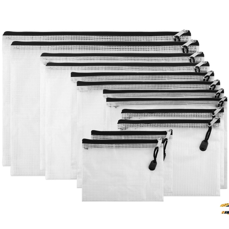 SUBANG 12 Pieces Black Zipper Pouch Zipper File Bags Mesh File Folders with Grid Travel Pouch, 6 Sizes - Image 1